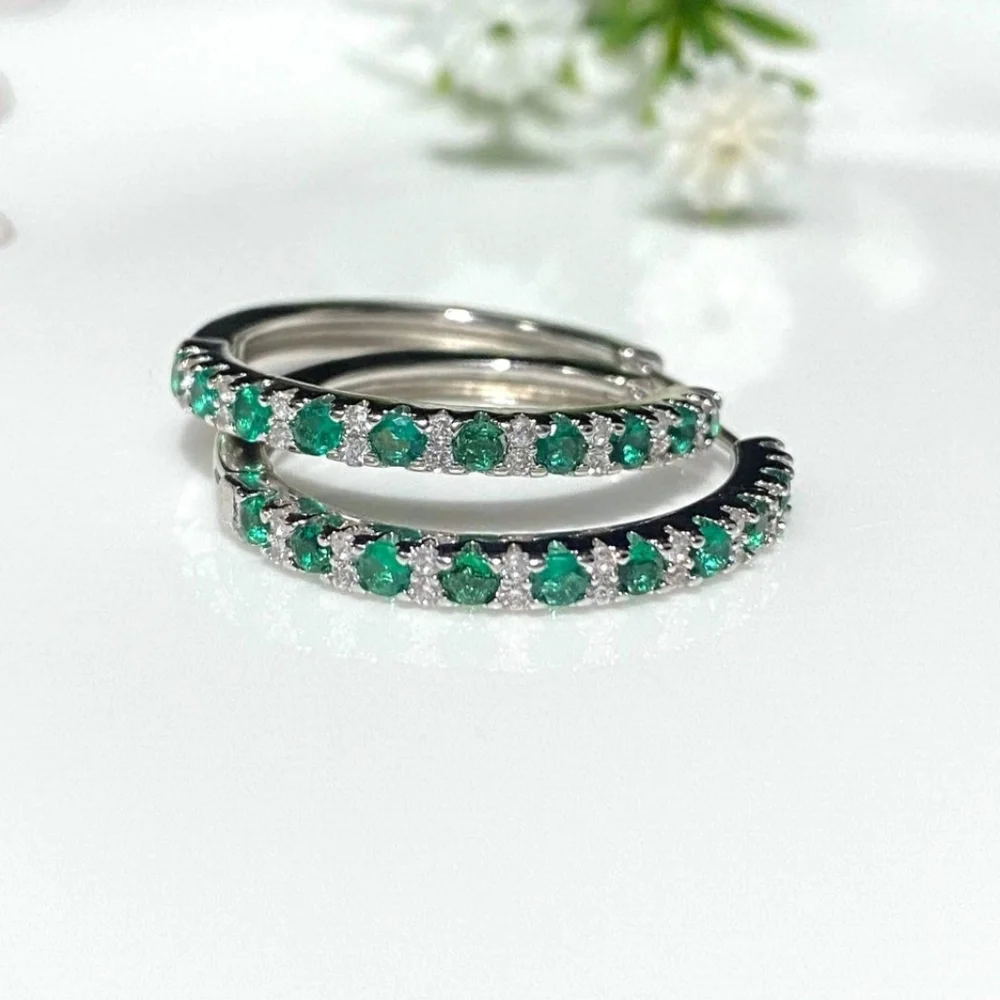 .925 Vintage Sterling Silver Emerald And White Topaz Hoop Earrings